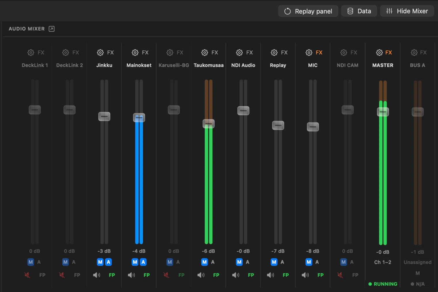 The audio mixer: Master and Bus A with faders and meters, and a strip for each source.