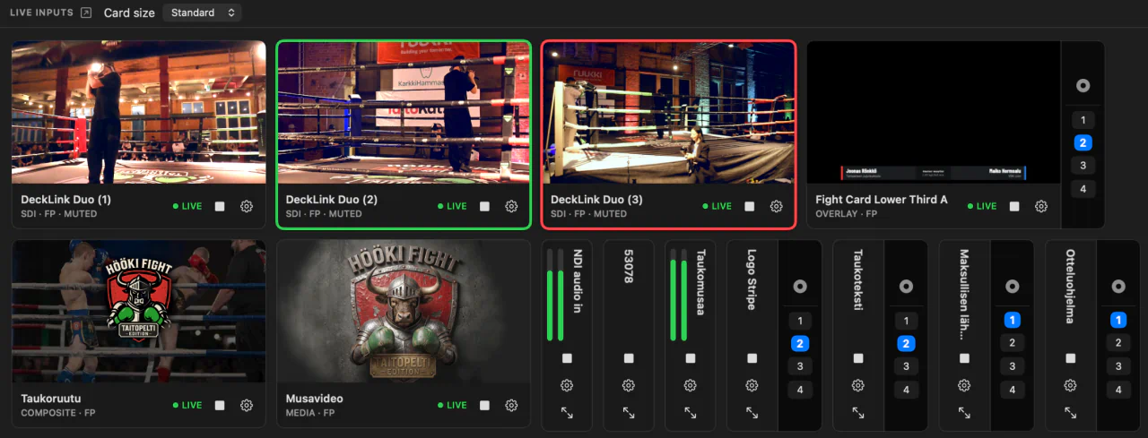 A row of live input cards, two of them carrying a tally border for Preview and Program.