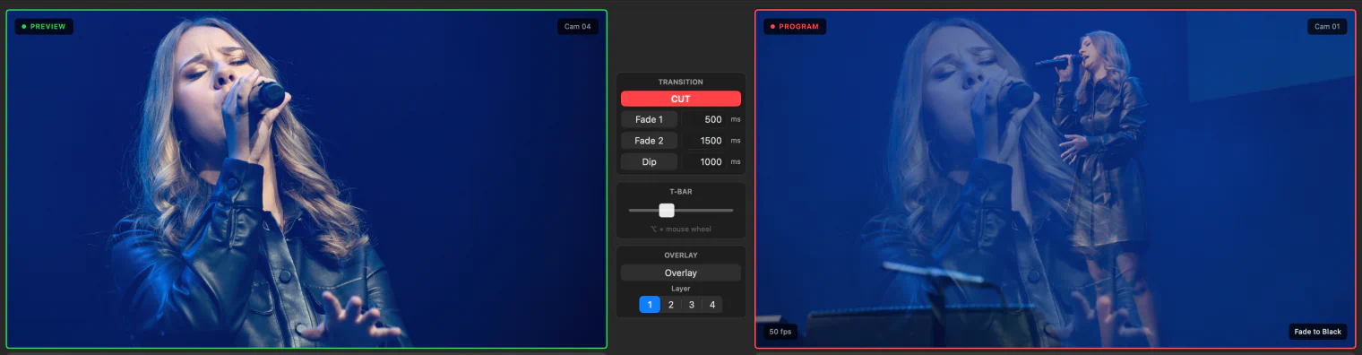 The Preview and Program monitors with the Cut, Fade, Dip and T-bar controls between them.